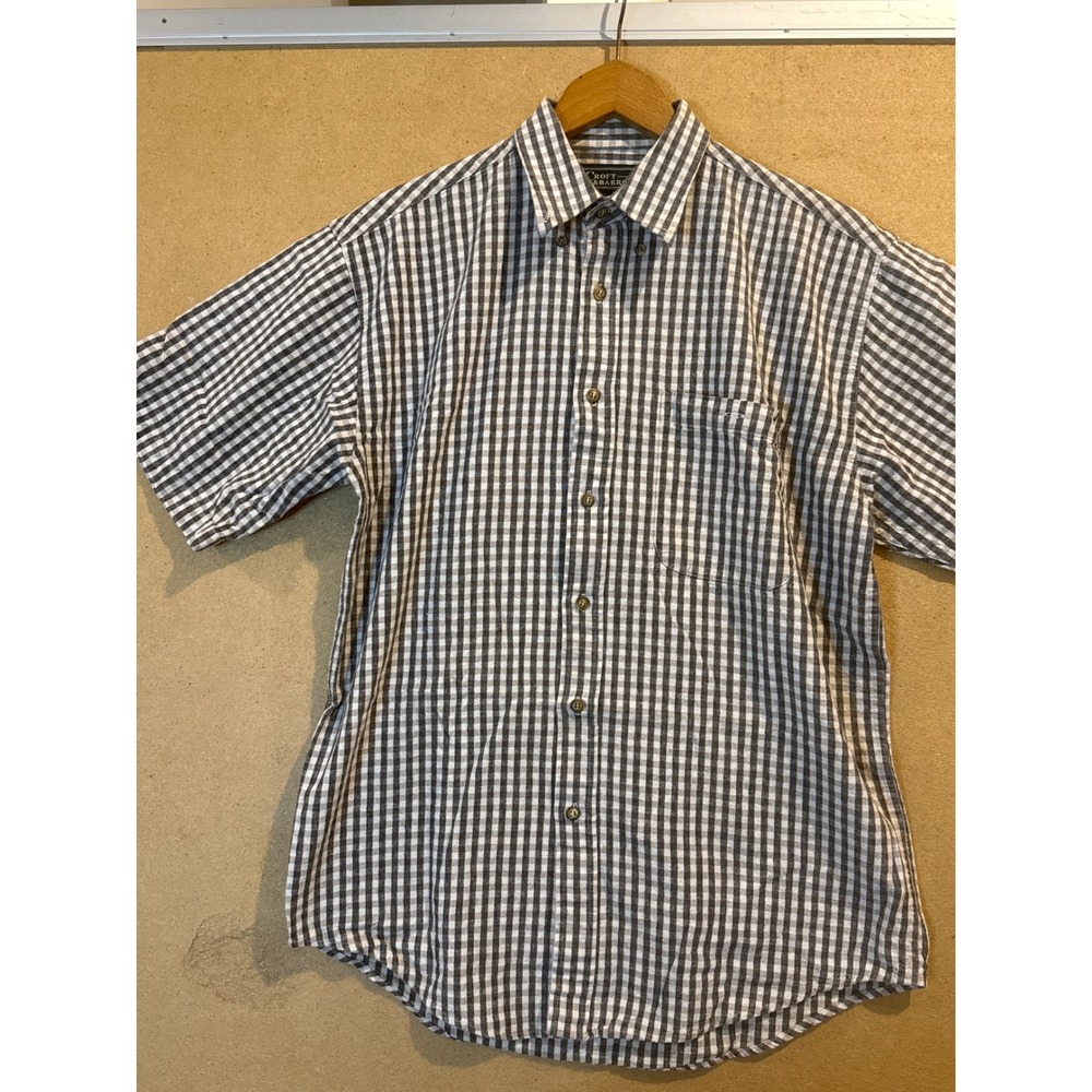 Croft & Barrow Mens Small Grey White Gingham Linen Cotton Short Sleeve Shirt